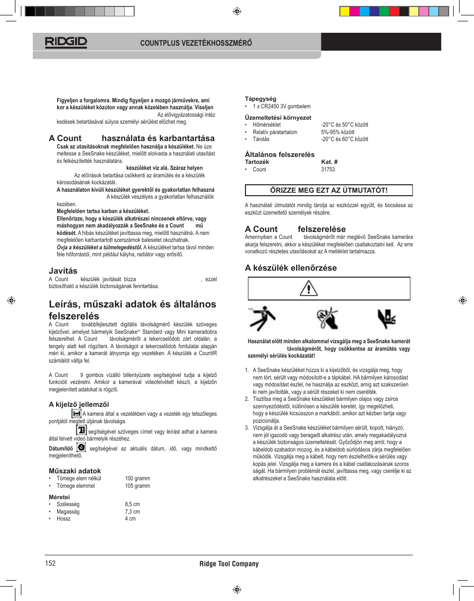 Leírás, műszaki adatok és általános felszerelés, A count plus használata és karbantartása, Javítás | A count plus felszerelése, A készülék ellenőrzése | RIDGID CountPlus User Manual | Page 154 / 204