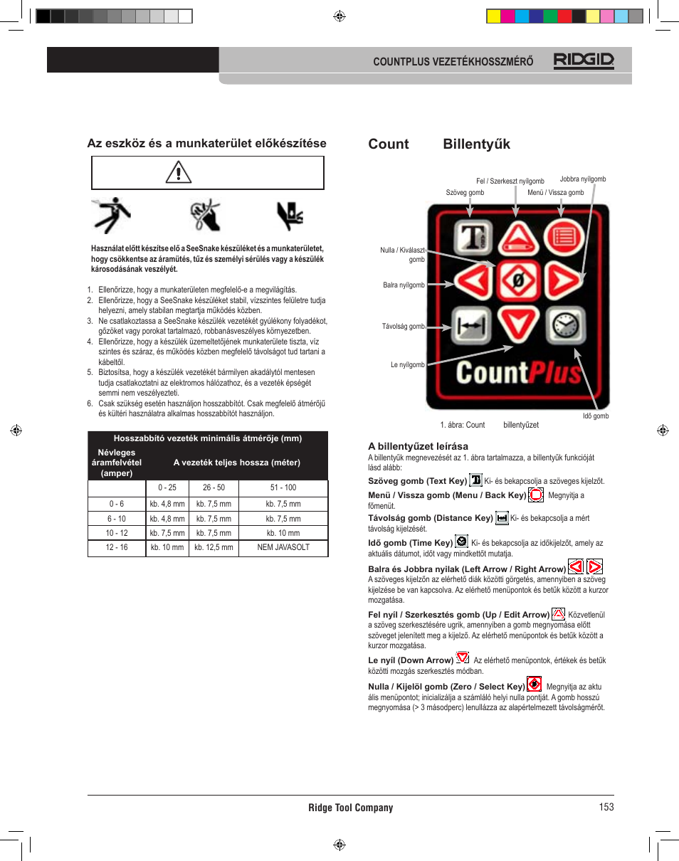 Count plus billentyűk, Az eszköz és a munkaterület előkészítése | RIDGID CountPlus User Manual | Page 155 / 204