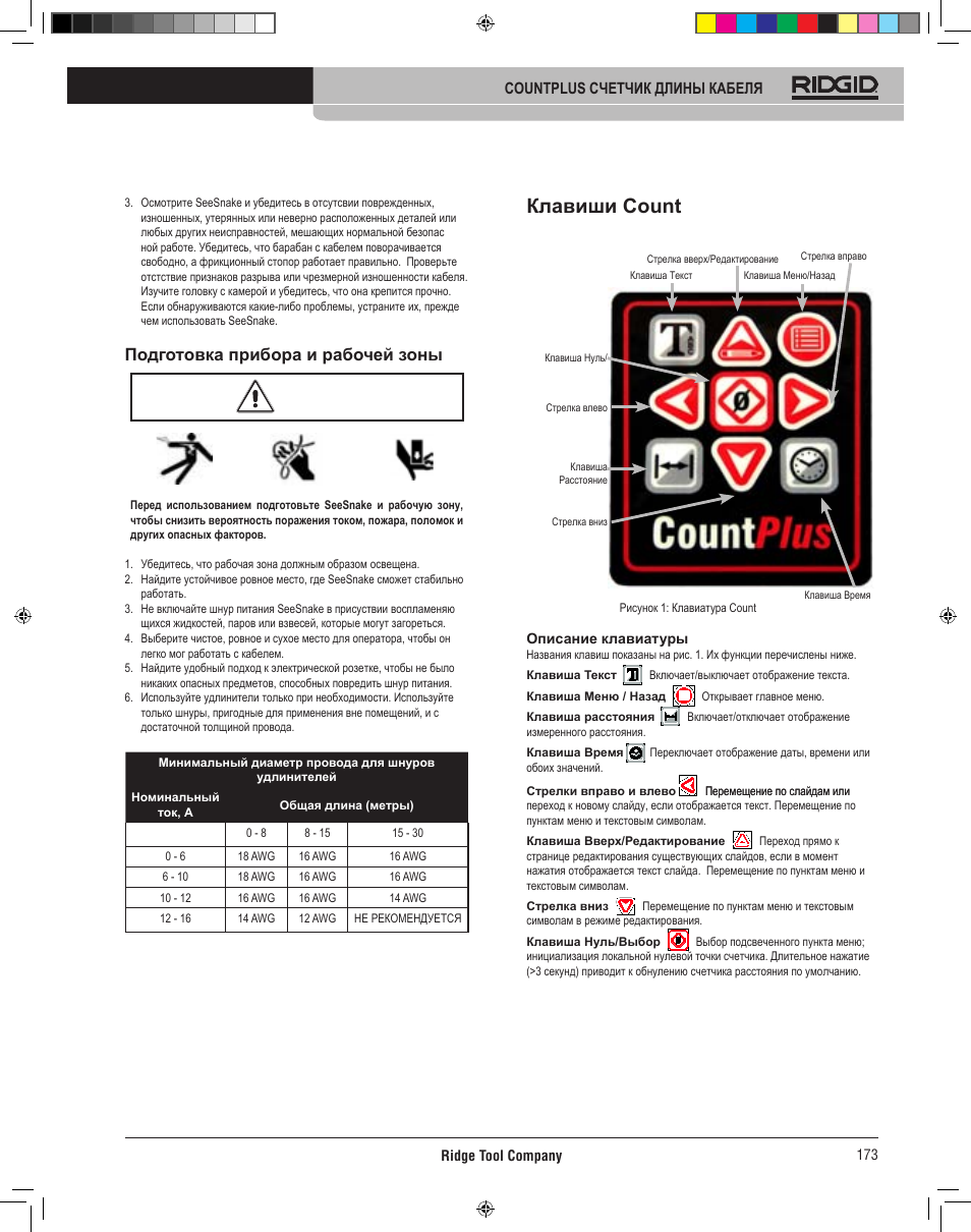 Клавиши count plus, Подготовка прибора и рабочей зоны | RIDGID CountPlus User Manual | Page 175 / 204