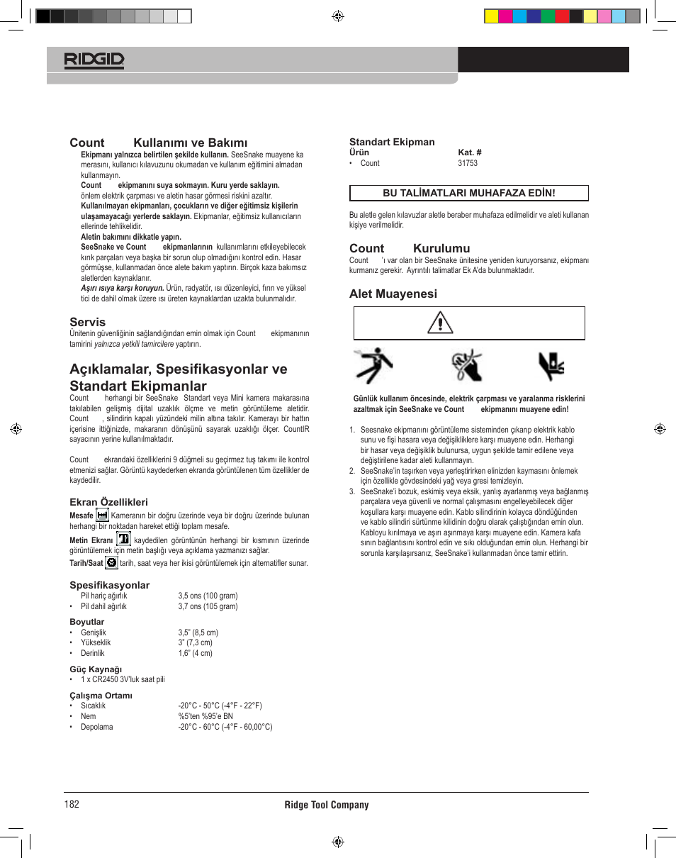 Count plus kullanımı ve bakımı, Servis, Count plus kurulumu | Alet muayenesi | RIDGID CountPlus User Manual | Page 184 / 204