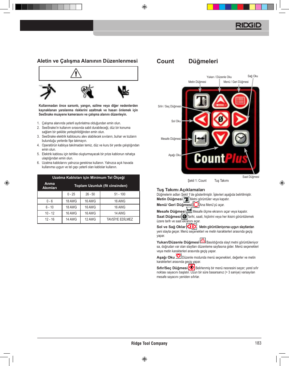 Count plus düğmeleri, Aletin ve çalışma alanının düzenlenmesi | RIDGID CountPlus User Manual | Page 185 / 204