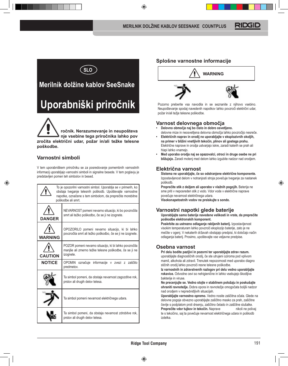 Uporabniški priročnik, Count plus, Merilnik dolžine kablov seesnake | RIDGID CountPlus User Manual | Page 193 / 204