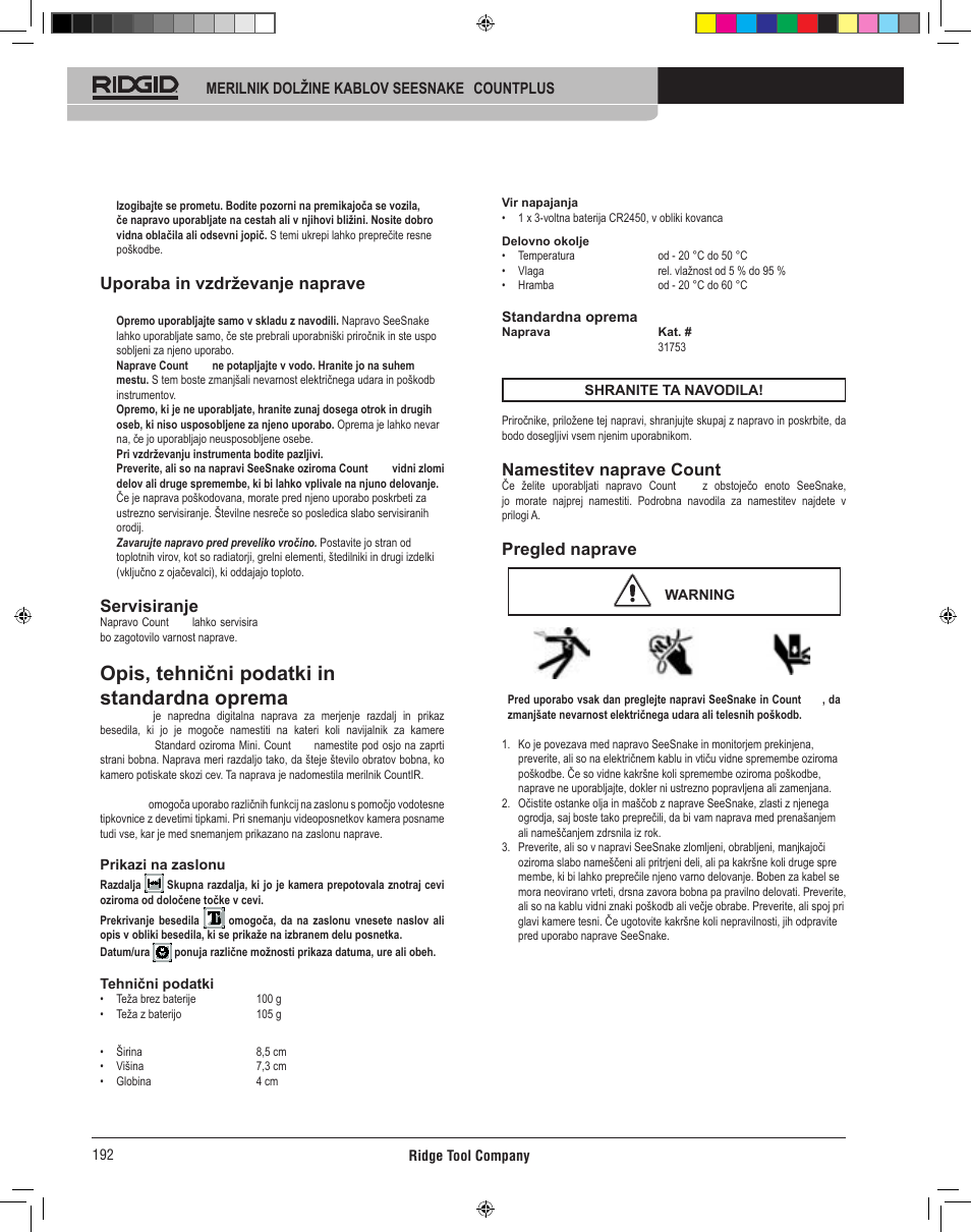 Opis, tehnični podatki in standardna oprema, Uporaba in vzdrževanje naprave count plus, Servisiranje | Namestitev naprave count plus, Pregled naprave | RIDGID CountPlus User Manual | Page 194 / 204