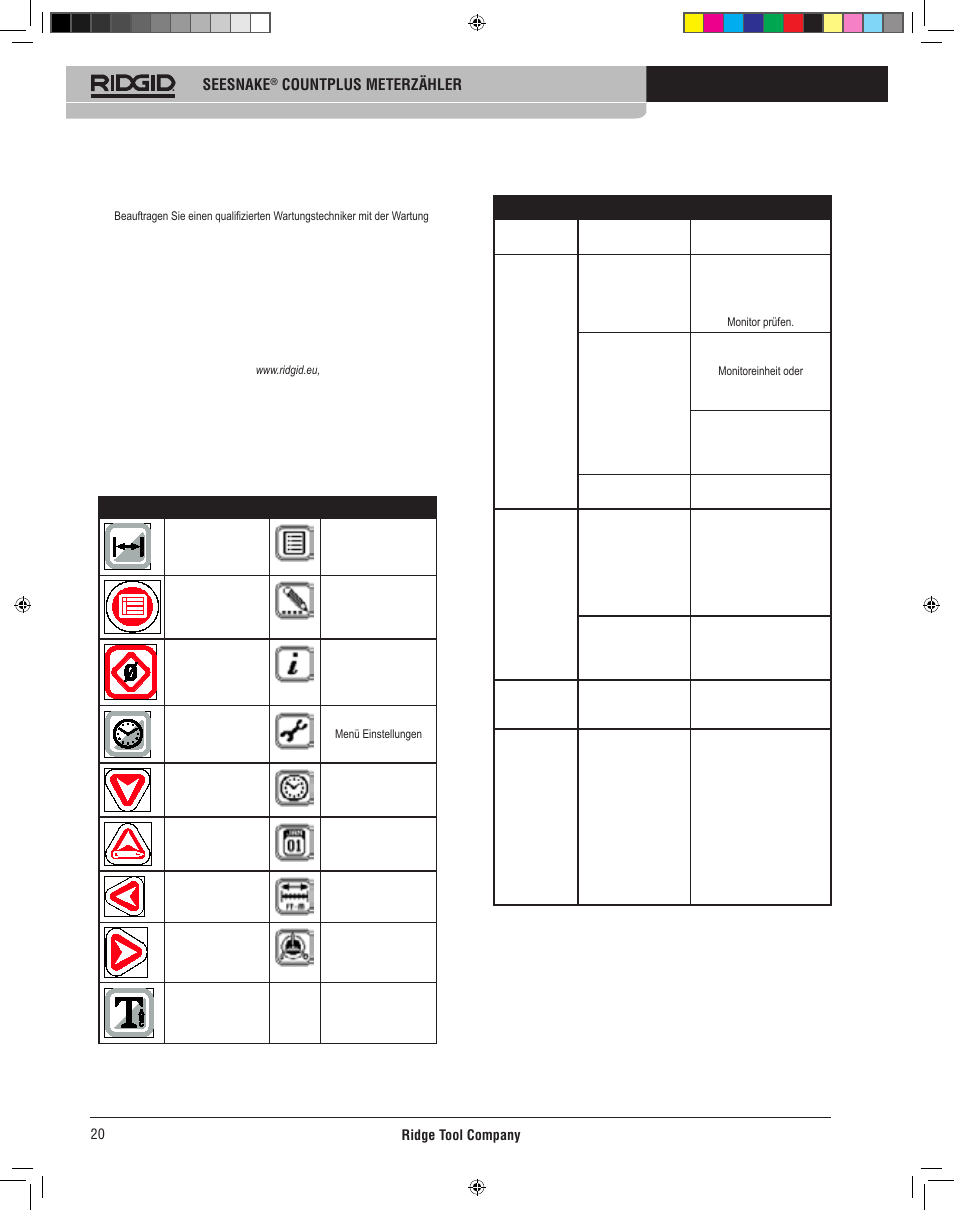 Symbole, Fehlersuche | RIDGID CountPlus User Manual | Page 22 / 204