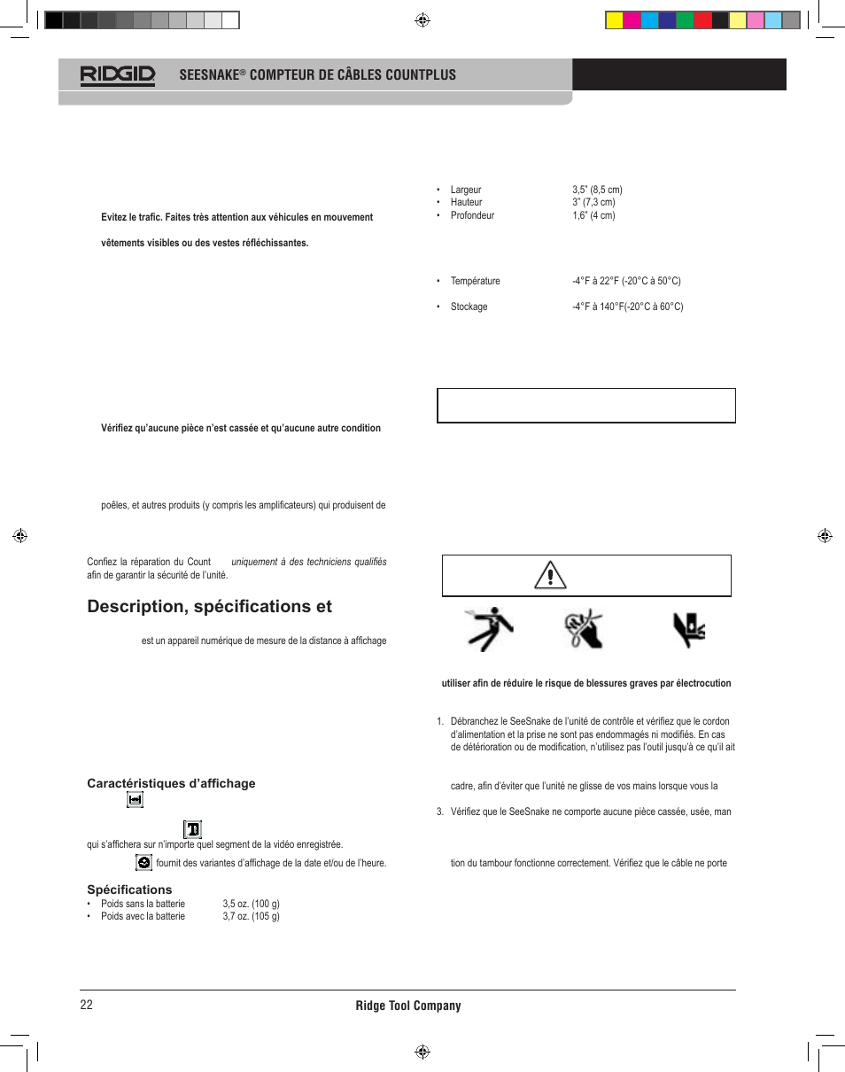 Description, spécifications et équipement standard, Usage et entretien du count plus, Réparation | Installation du count plus, Inspection de l’outil | RIDGID CountPlus User Manual | Page 24 / 204