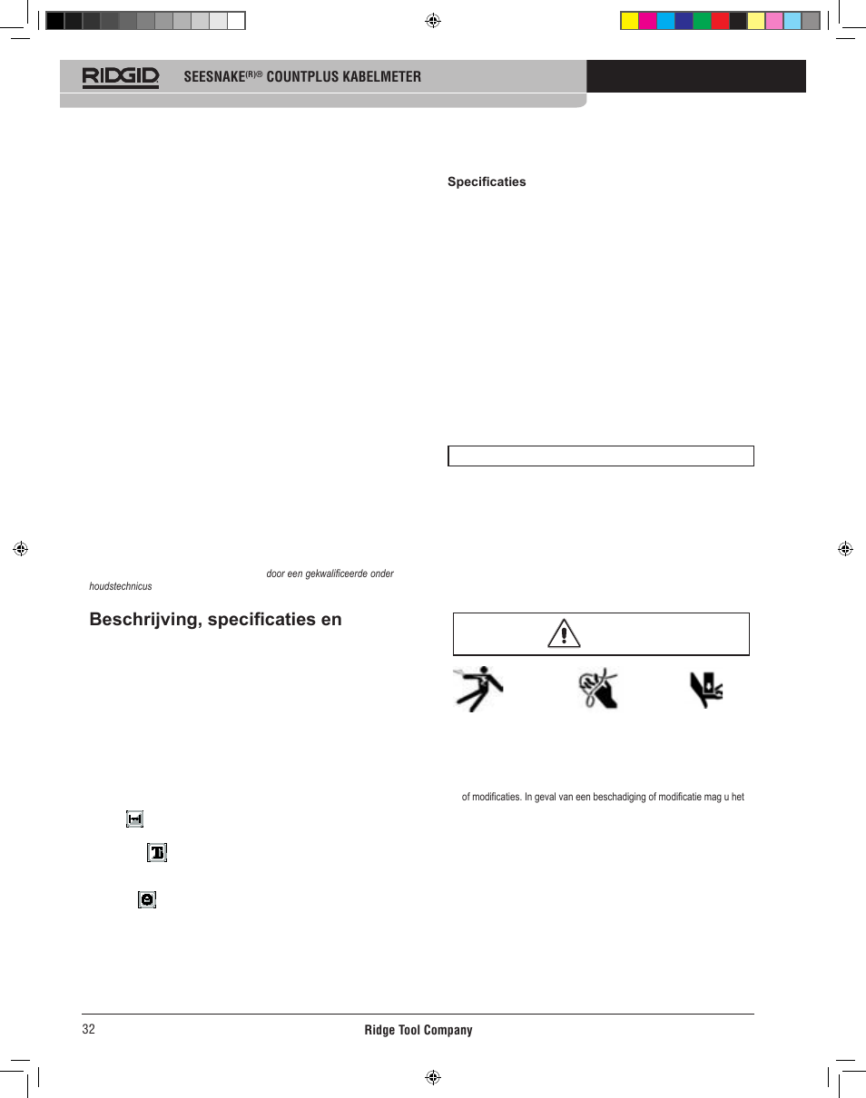 Beschrijving, specificaties en standaarduitrusting, Count plus gebruik en onderhoud, Service | Count plus installatie, Inspectie van het apparaat | RIDGID CountPlus User Manual | Page 34 / 204