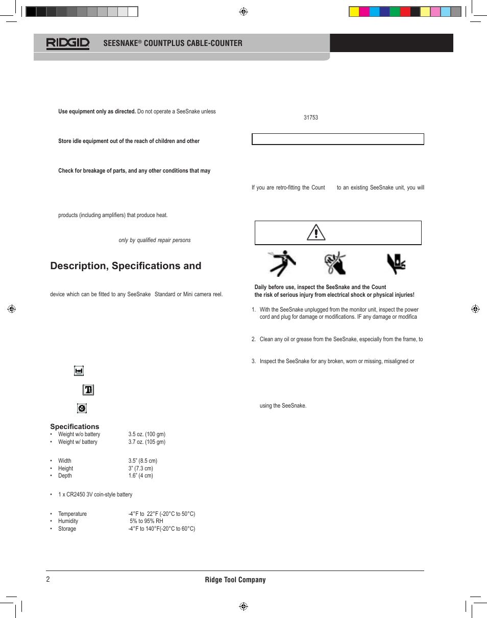 Description, specifications and standard equipment, Count plus use and care, Service | Count plus installation, Tool inspection | RIDGID CountPlus User Manual | Page 4 / 204