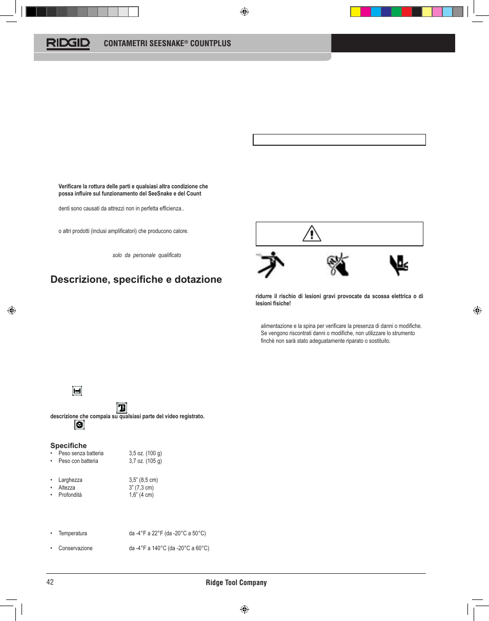 Descrizione, specifiche e dotazione standard, Utilizzo e cura di count plus, Manutenzione | Installazione count plus, Ispezione dell’apparecchio | RIDGID CountPlus User Manual | Page 44 / 204