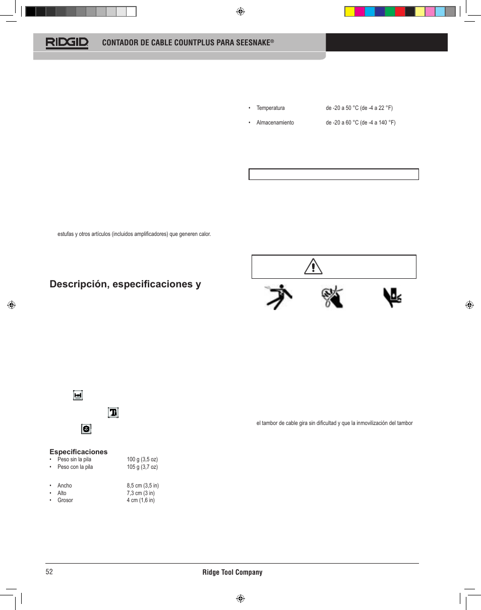 Descripción, especificaciones y equipo estándar, Uso y mantenimiento de count plus, Servicio técnico | Instalación del count plus, Inspección de la herramienta | RIDGID CountPlus User Manual | Page 54 / 204