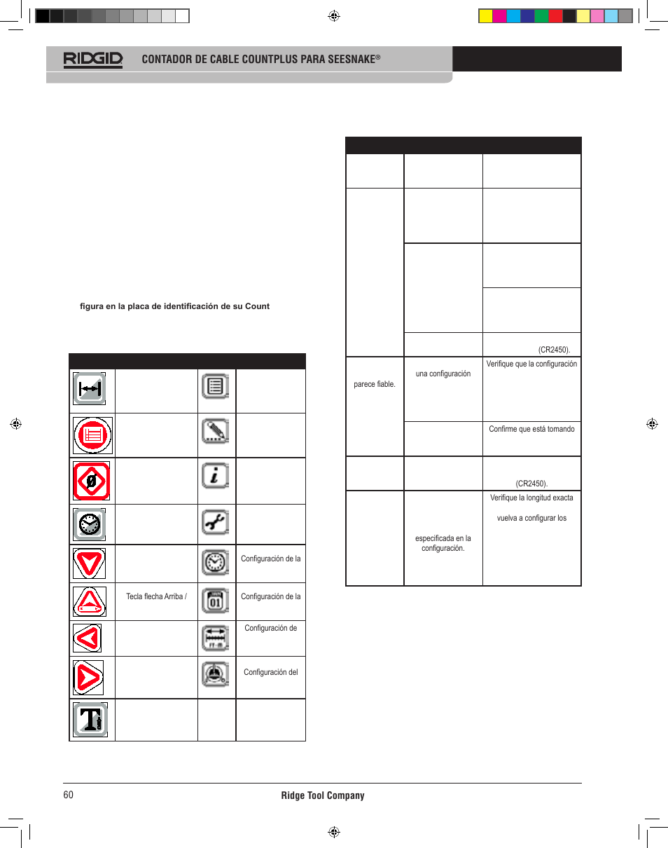 Iconos y símbolos, Solución de problemas | RIDGID CountPlus User Manual | Page 62 / 204