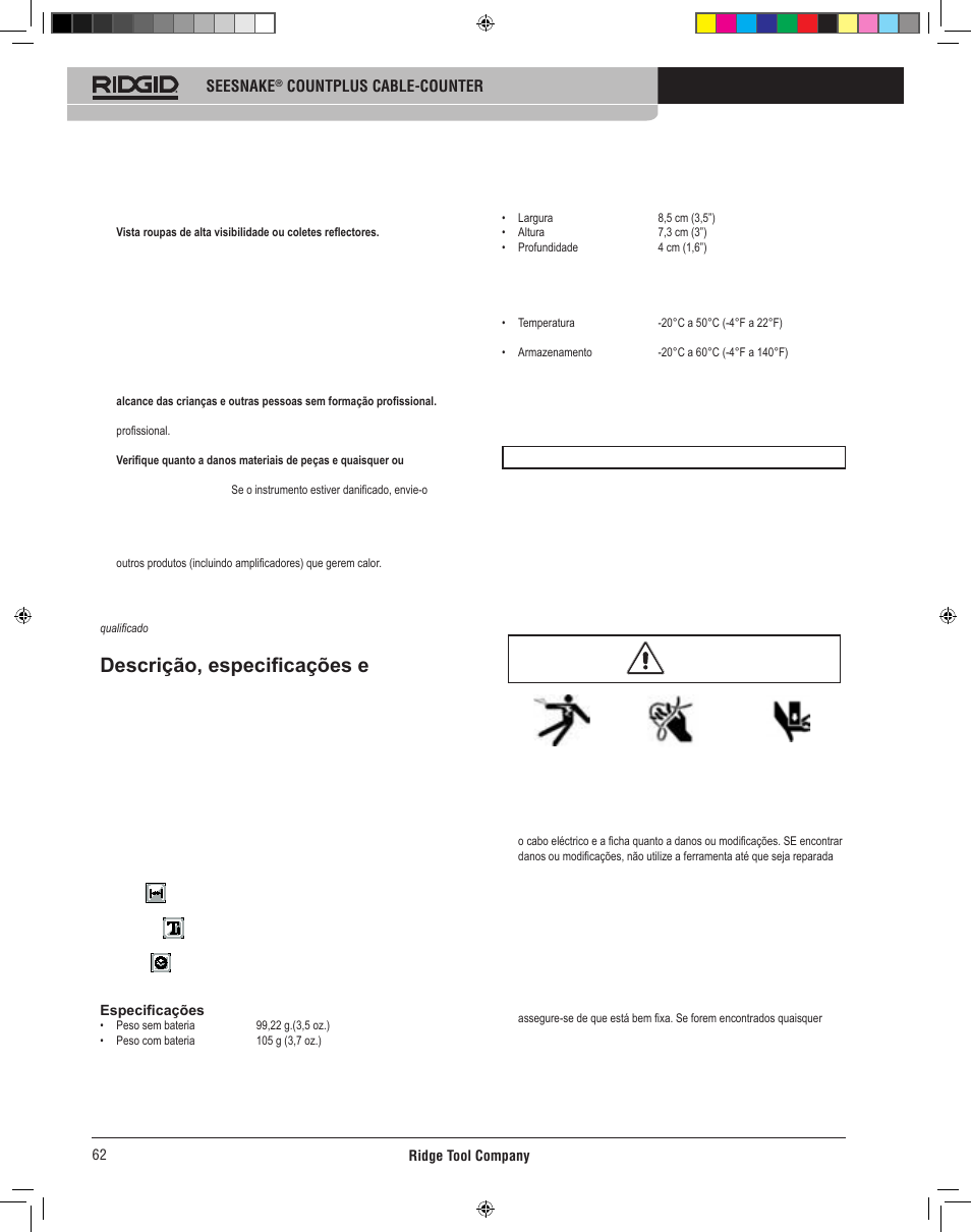 Descrição, especificações e equipamento standard, Count plus utilização e manutenção, Assistência | Count plus instalação, Inspecção da ferramenta | RIDGID CountPlus User Manual | Page 64 / 204