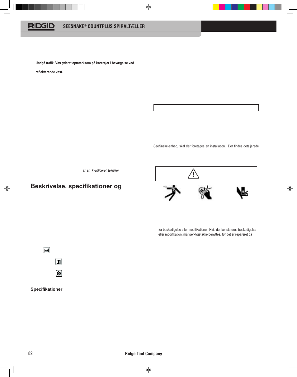 Beskrivelse, specifikationer og standardudstyr, Count plus brug og vedligeholdelse, Eftersyn | Count plus -installation, Værktøjsinspektion | RIDGID CountPlus User Manual | Page 84 / 204