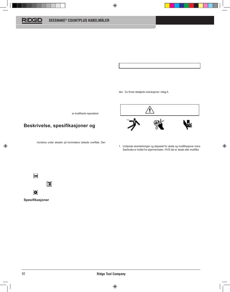 Beskrivelse, spesifikasjoner og standardutstyr, Bruk og vedlikehold av count plus, Service | Installasjon av count plus, Verktøyinspeksjon | RIDGID CountPlus User Manual | Page 94 / 204