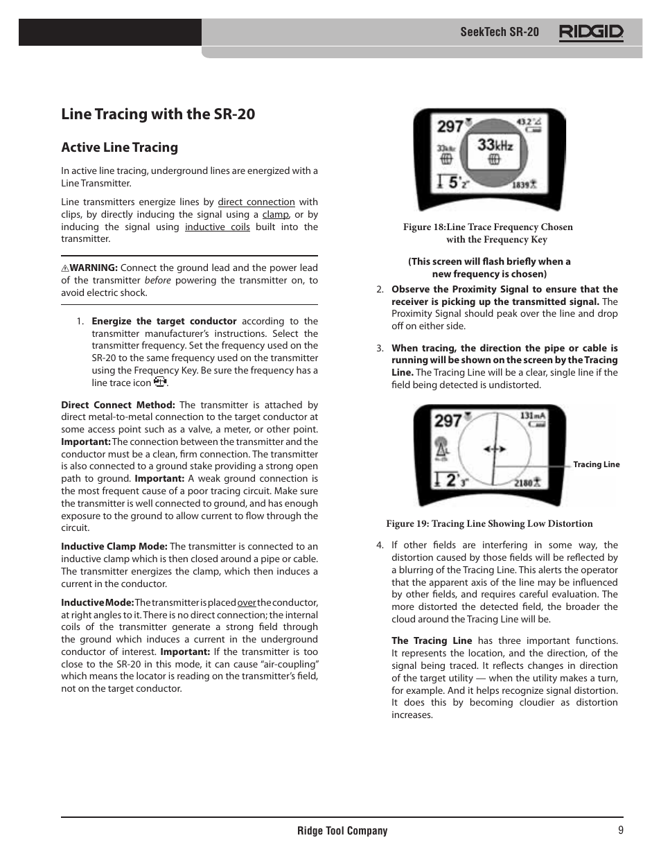 Line tracing with the sr-20, Active line tracing | RIDGID SeekTech SR-20 User Manual | Page 10 / 301