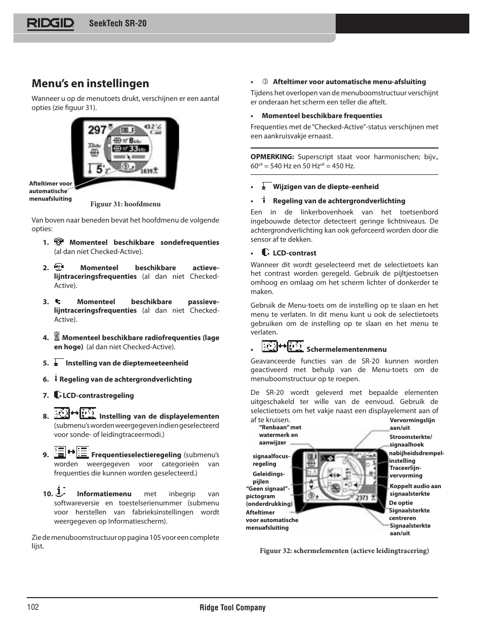 Menu’s en instellingen, Seektech sr-20 | RIDGID SeekTech SR-20 User Manual | Page 103 / 301