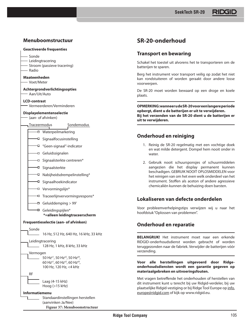 Sr-20-onderhoud, Menuboomstructuur, Transport en bewaring | Onderhoud en reiniging, Lokaliseren van defecte onderdelen, Onderhoud en reparatie | RIDGID SeekTech SR-20 User Manual | Page 106 / 301