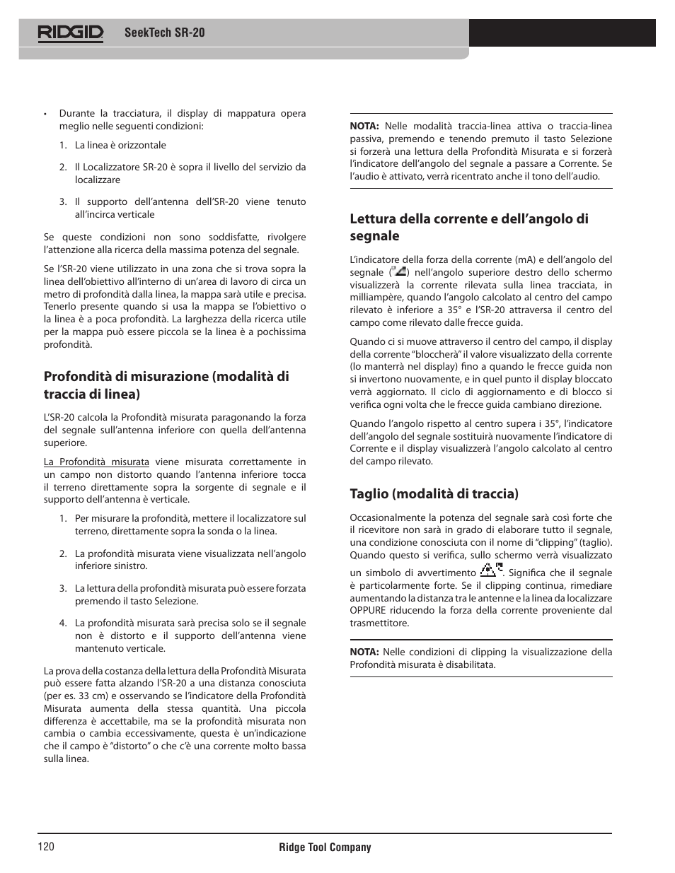 Lettura della corrente e dell’angolo di segnale, Taglio (modalità di traccia) | RIDGID SeekTech SR-20 User Manual | Page 121 / 301