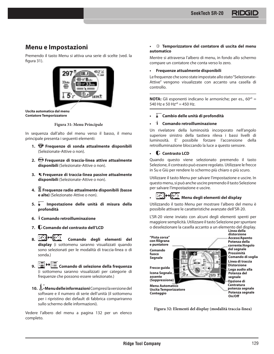 Menu e impostazioni, Seektech sr-20 | RIDGID SeekTech SR-20 User Manual | Page 130 / 301