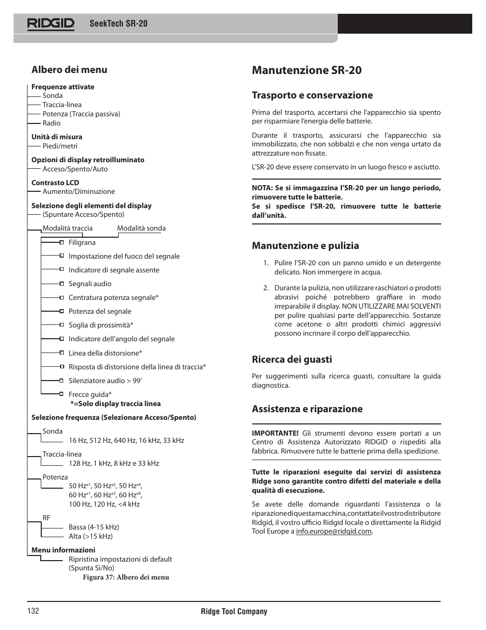 Manutenzione sr-20, Albero dei menu, Trasporto e conservazione | Manutenzione e pulizia, Ricerca dei guasti, Assistenza e riparazione | RIDGID SeekTech SR-20 User Manual | Page 133 / 301