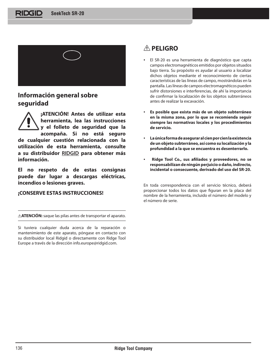 Instrucciones de uso, Seektech sr-20, Información general sobre seguridad | Peligro | RIDGID SeekTech SR-20 User Manual | Page 137 / 301