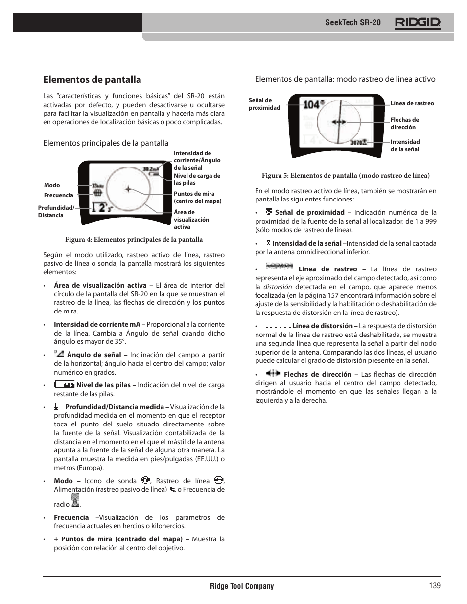 Elementos de pantalla, Seektech sr-20, Elementos principales de la pantalla | RIDGID SeekTech SR-20 User Manual | Page 140 / 301