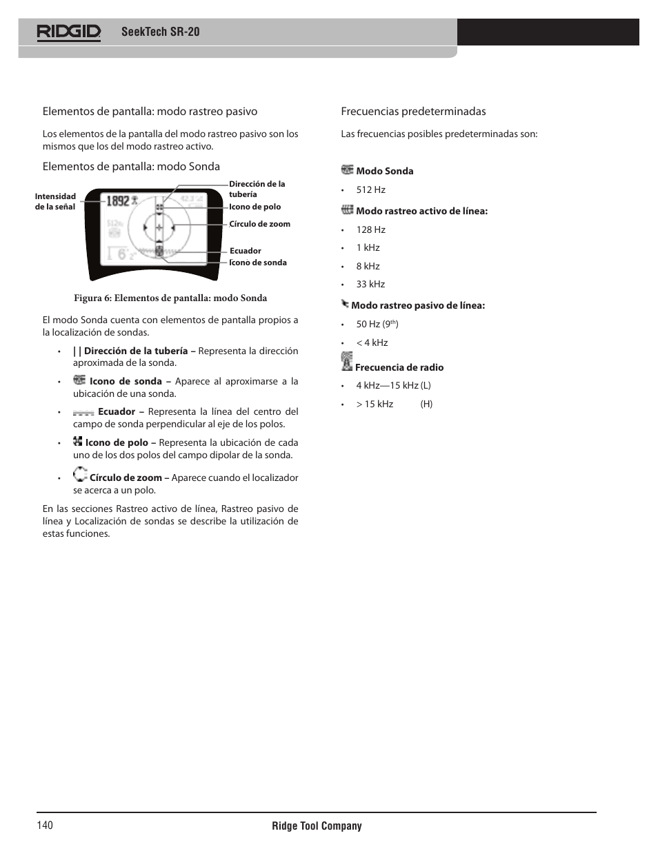 Elementos de pantalla: modo sonda, Frecuencias predeterminadas | RIDGID SeekTech SR-20 User Manual | Page 141 / 301