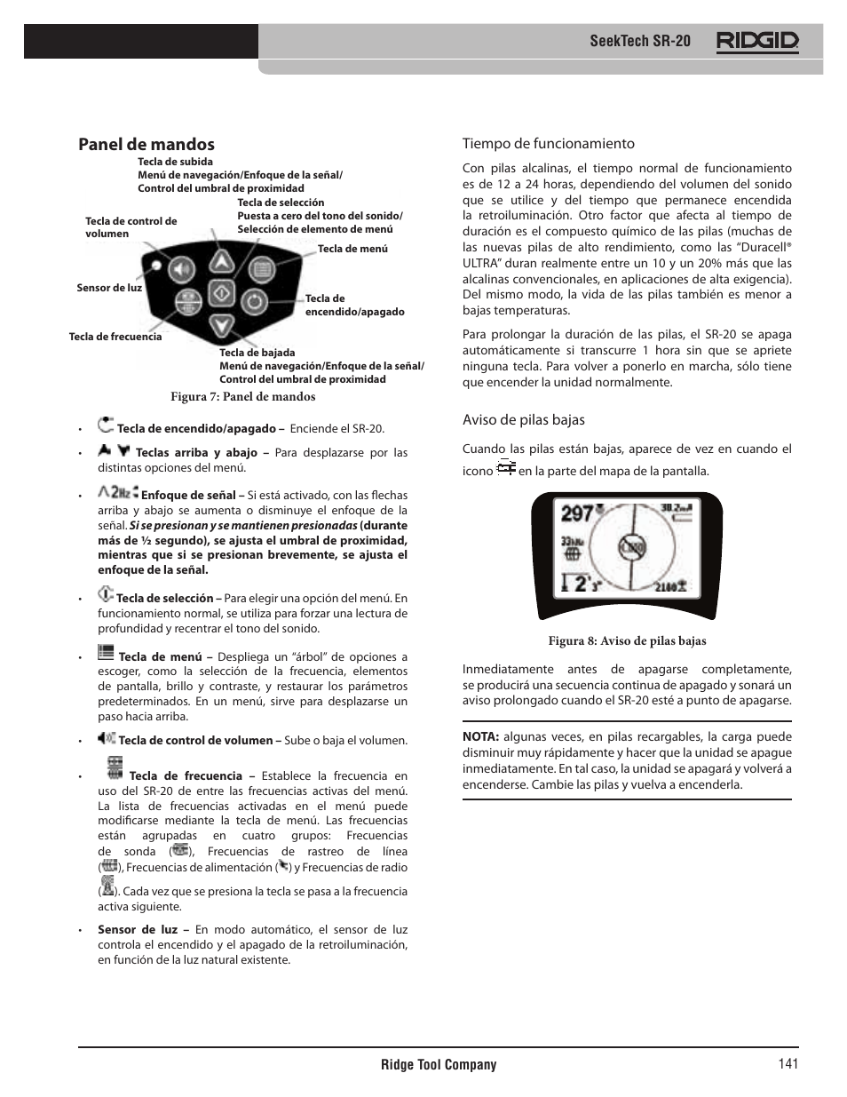 Panel de mandos | RIDGID SeekTech SR-20 User Manual | Page 142 / 301