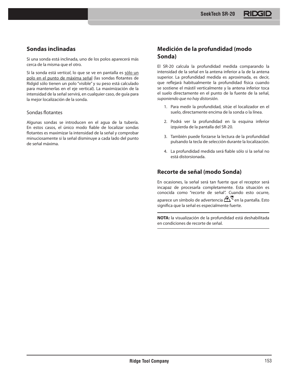 Sondas inclinadas, Medición de la profundidad (modo sonda), Recorte de señal (modo sonda) | RIDGID SeekTech SR-20 User Manual | Page 154 / 301