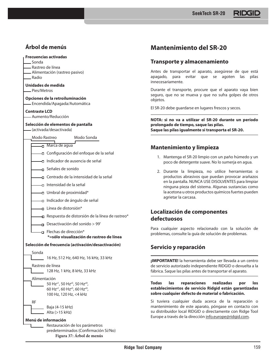 Mantenimiento del sr-20, Árbol de menús, Transporte y almacenamiento | Mantenimiento y limpieza, Localización de componentes defectuosos, Servicio y reparación | RIDGID SeekTech SR-20 User Manual | Page 160 / 301