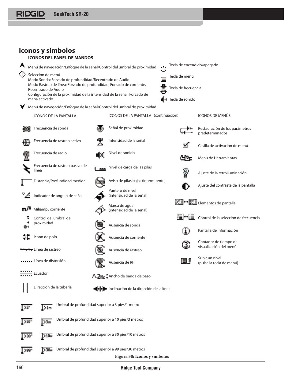 Iconos y símbolos, Seektech sr-20 | RIDGID SeekTech SR-20 User Manual | Page 161 / 301