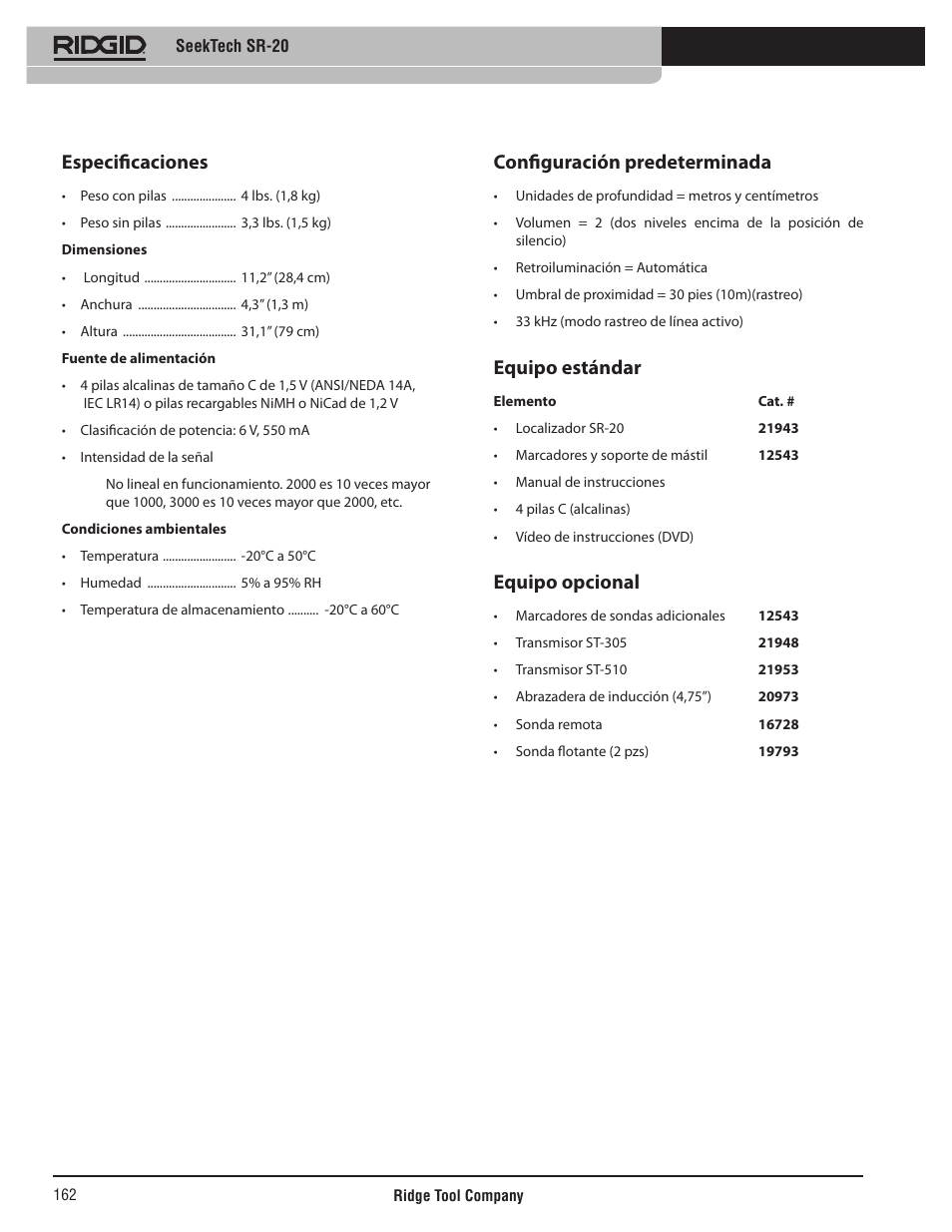 Especificaciones, Configuración predeterminada, Equipo estándar | Equipo opcional | RIDGID SeekTech SR-20 User Manual | Page 163 / 301