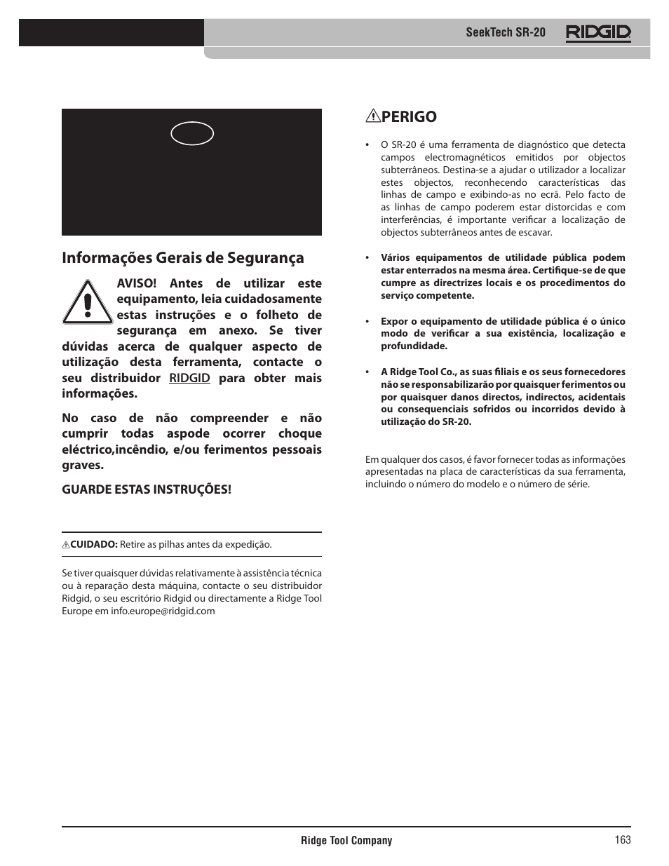 Instruções de funcionamento, Seektech sr-20, Informações gerais de segurança | Perigo | RIDGID SeekTech SR-20 User Manual | Page 164 / 301