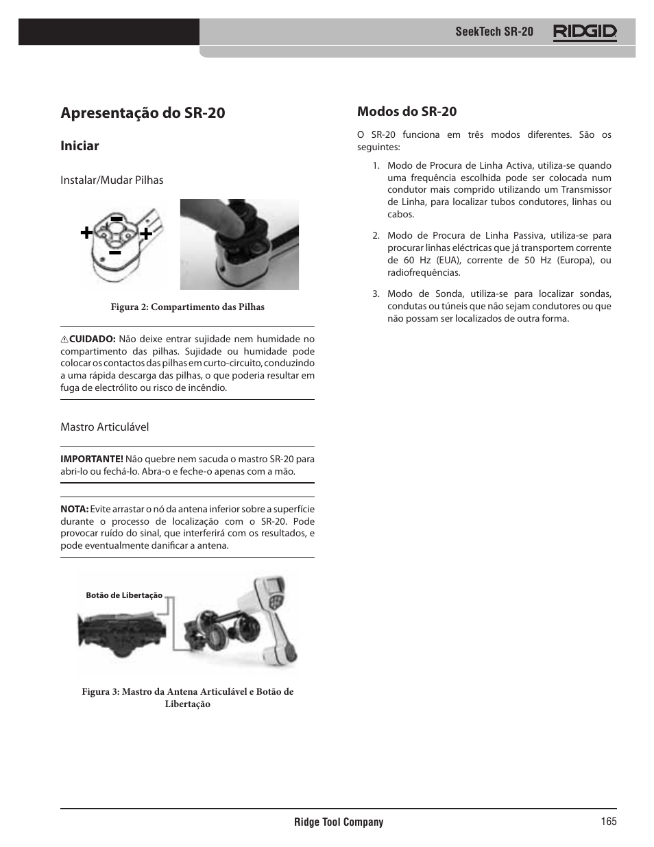 Apresentação do sr-20, Iniciar, Modos do sr-20 | RIDGID SeekTech SR-20 User Manual | Page 166 / 301