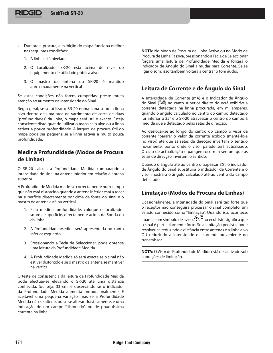 Medir a profundidade (modos de procura de linhas), Leitura de corrente e de ângulo do sinal, Limitação (modos de procura de linhas) | RIDGID SeekTech SR-20 User Manual | Page 175 / 301