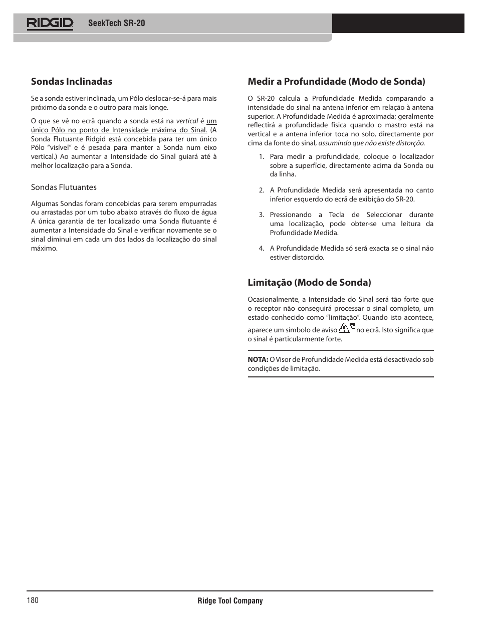 Sondas inclinadas, Medir a profundidade (modo de sonda), Limitação (modo de sonda) | RIDGID SeekTech SR-20 User Manual | Page 181 / 301