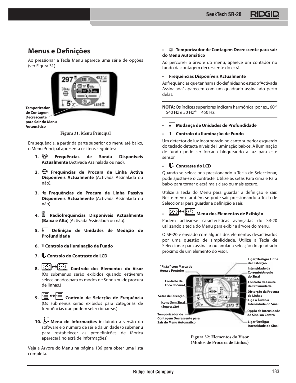 Menus e definições, Seektech sr-20 | RIDGID SeekTech SR-20 User Manual | Page 184 / 301
