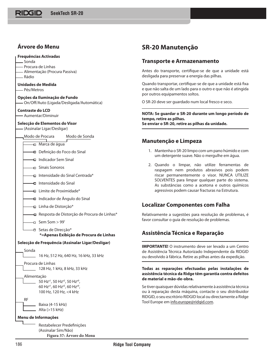 Sr-20 manutenção, Árvore do menu, Transporte e armazenamento | Manutenção e limpeza, Localizar componentes com falha, Assistência técnica e reparação | RIDGID SeekTech SR-20 User Manual | Page 187 / 301