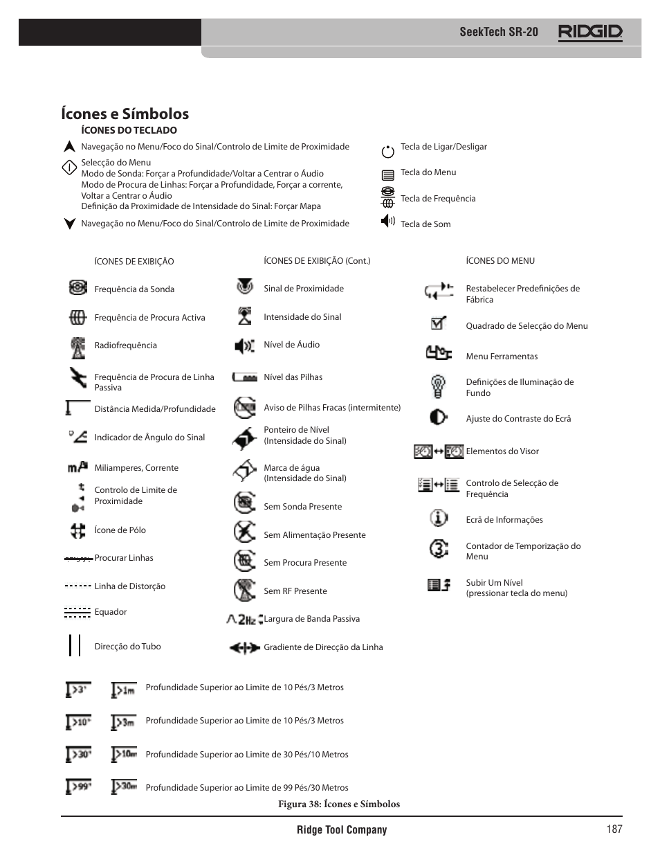 Ícones e símbolos, Seektech sr-20 | RIDGID SeekTech SR-20 User Manual | Page 188 / 301