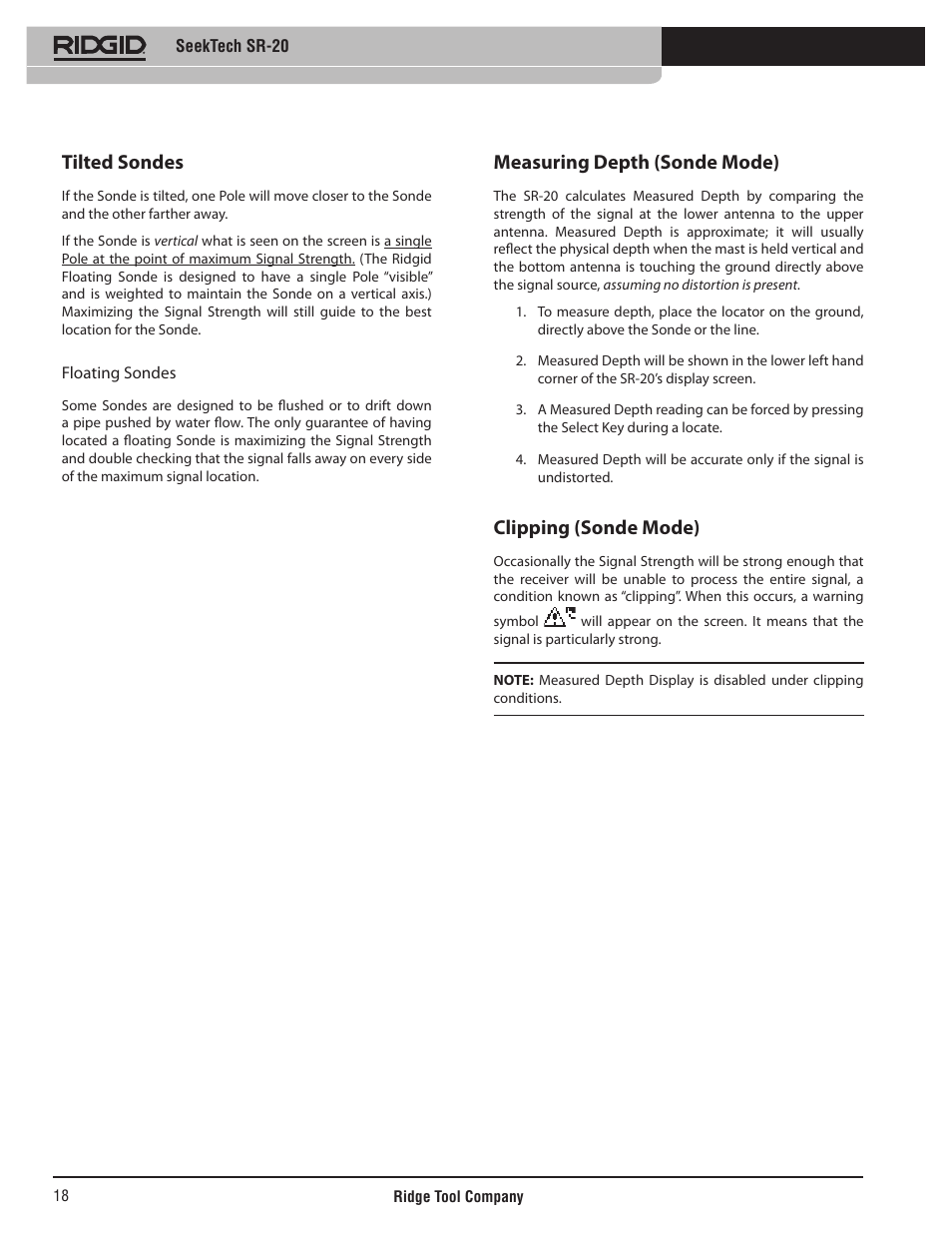 Tilted sondes, Measuring depth (sonde mode), Clipping (sonde mode) | RIDGID SeekTech SR-20 User Manual | Page 19 / 301