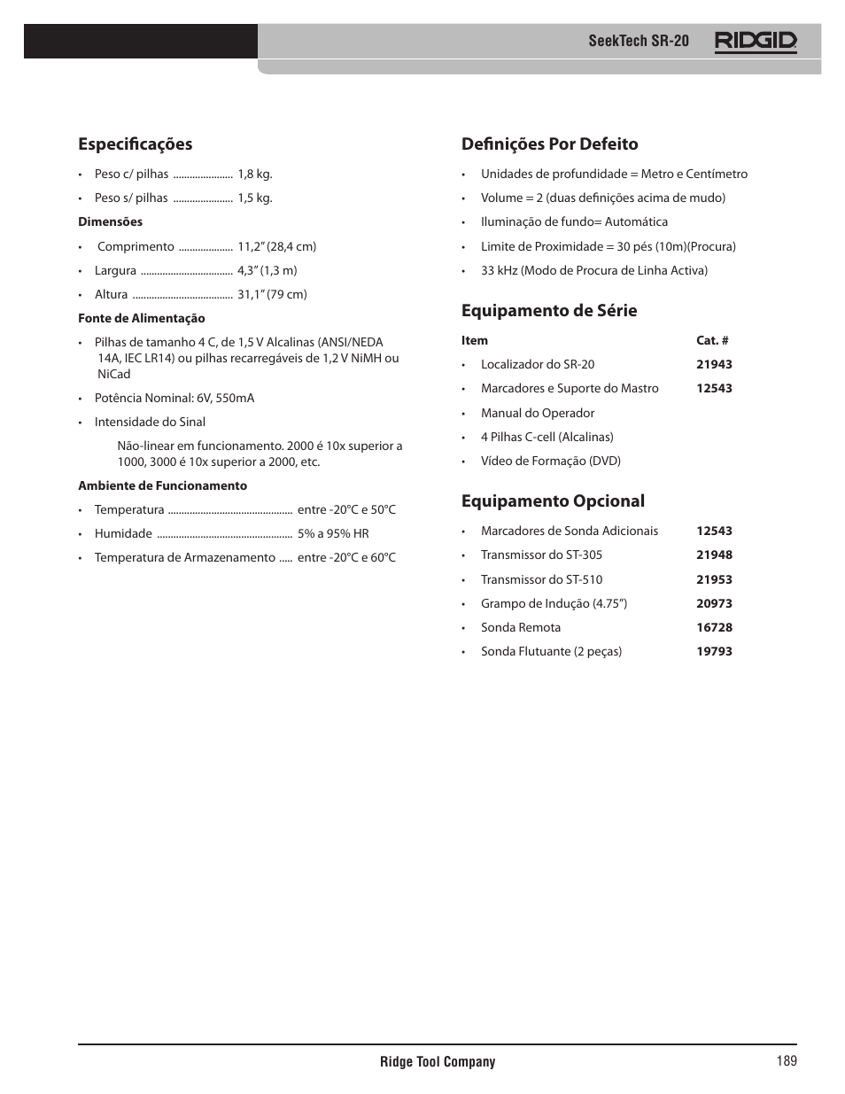 Especificações, Definições por defeito, Equipamento de série | Equipamento opcional | RIDGID SeekTech SR-20 User Manual | Page 190 / 301