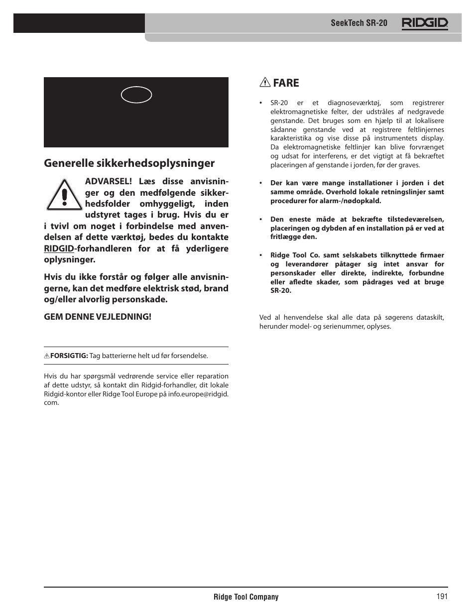 Betjeningsvejledning, Seektech sr-20, Generelle sikkerhedsoplysninger | Fare | RIDGID SeekTech SR-20 User Manual | Page 192 / 301