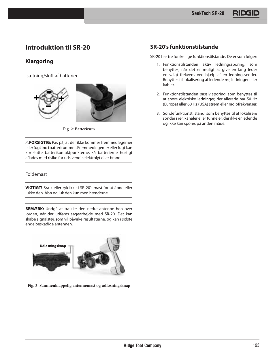 Introduktion til sr-20, Klargøring, Sr-20’s funktionstilstande | RIDGID SeekTech SR-20 User Manual | Page 194 / 301