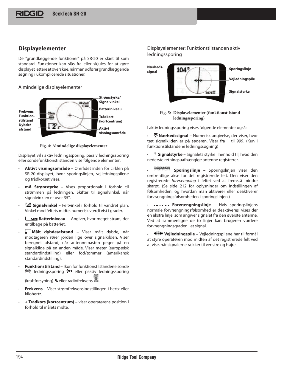 Displayelementer, Seektech sr-20, Almindelige displayelementer | RIDGID SeekTech SR-20 User Manual | Page 195 / 301