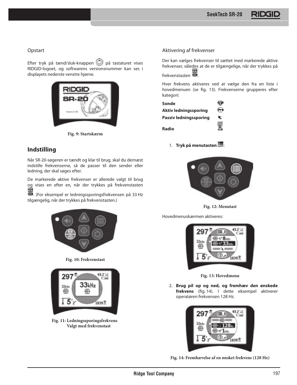 Indstilling | RIDGID SeekTech SR-20 User Manual | Page 198 / 301