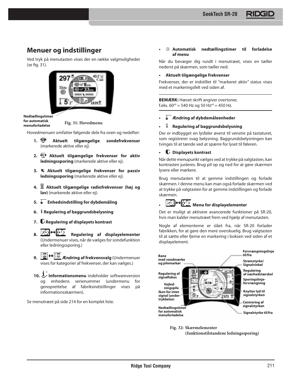 Menuer og indstillinger, Seektech sr-20 | RIDGID SeekTech SR-20 User Manual | Page 212 / 301