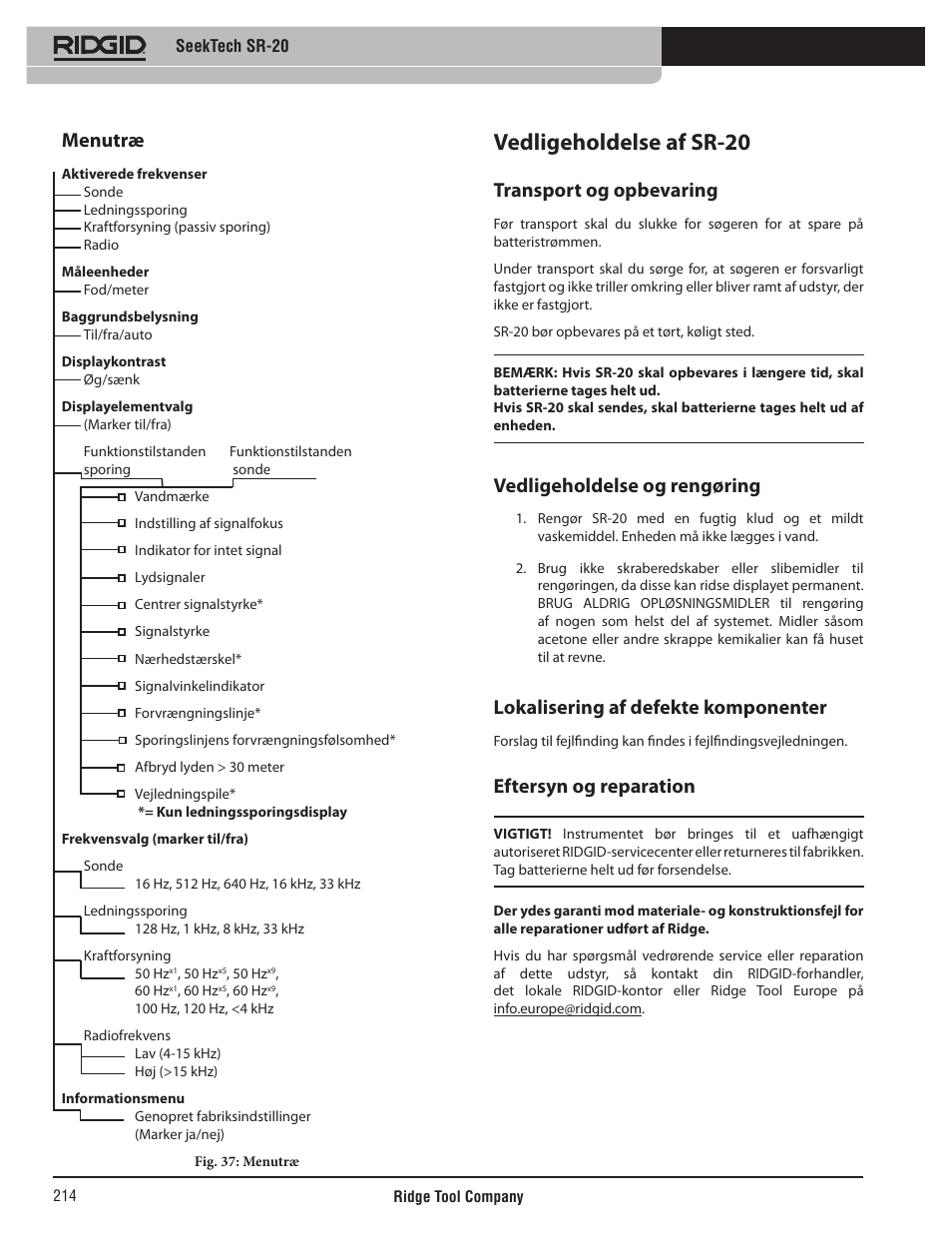 Vedligeholdelse af sr-20, Menutræ, Transport og opbevaring | Vedligeholdelse og rengøring, Lokalisering af defekte komponenter, Eftersyn og reparation | RIDGID SeekTech SR-20 User Manual | Page 215 / 301