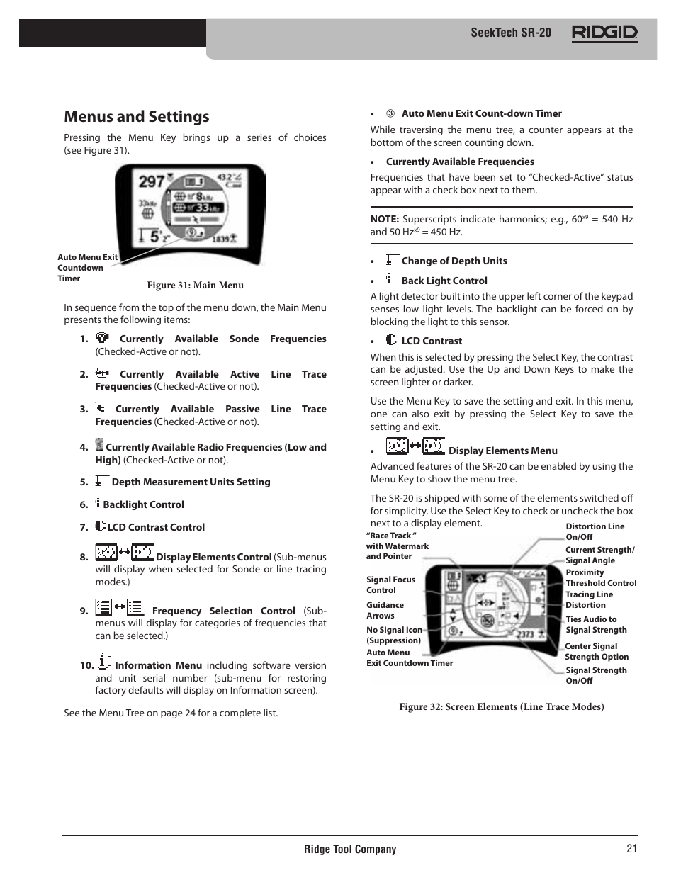 Menus and settings, Seektech sr-20 | RIDGID SeekTech SR-20 User Manual | Page 22 / 301