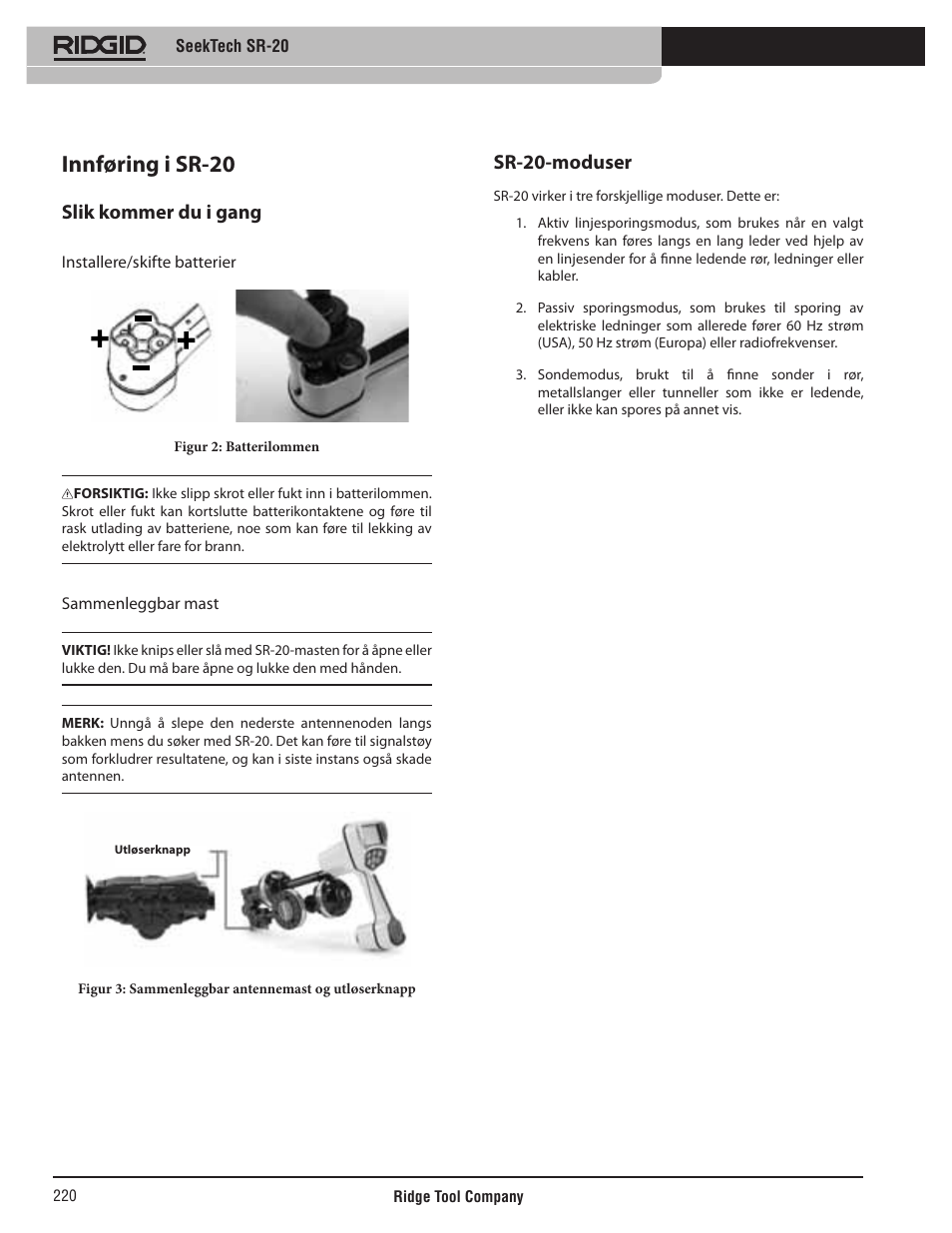 Innføring i sr-20, Slik kommer du i gang, Sr-20-moduser | RIDGID SeekTech SR-20 User Manual | Page 221 / 301