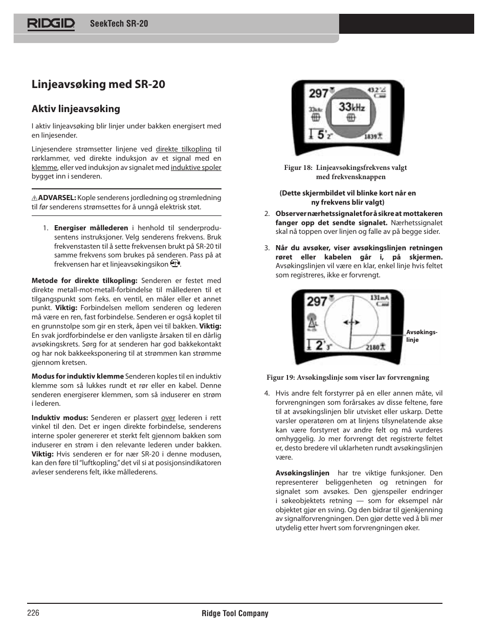 Linjeavsøking med sr-20, Aktiv linjeavsøking | RIDGID SeekTech SR-20 User Manual | Page 227 / 301