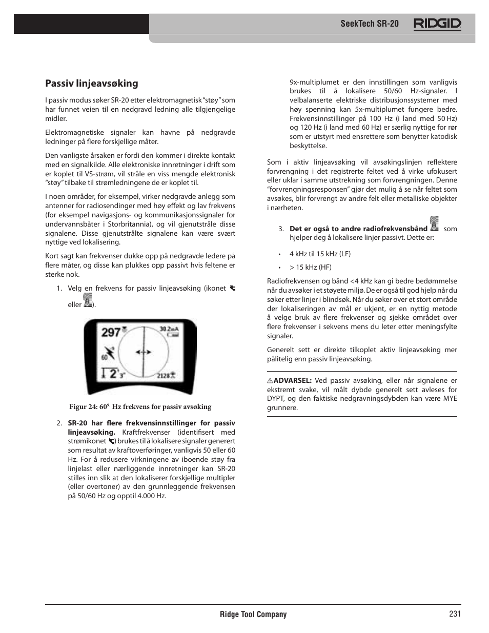 Passiv linjeavsøking | RIDGID SeekTech SR-20 User Manual | Page 232 / 301